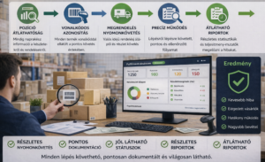 Átlátható folyamatábra egy digitális kijelzőn, amely a csomag útját mutatja a raktártól a vevőig.