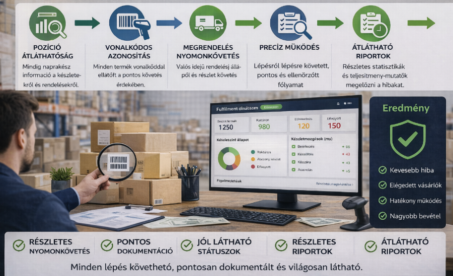 Átlátható folyamatábra egy digitális kijelzőn, amely a csomag útját mutatja a raktártól a vevőig.