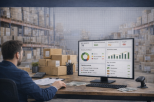 Egy logisztikai irányítópult (dashboard) fontos napi statisztikákkal és KPI mutatókkal.