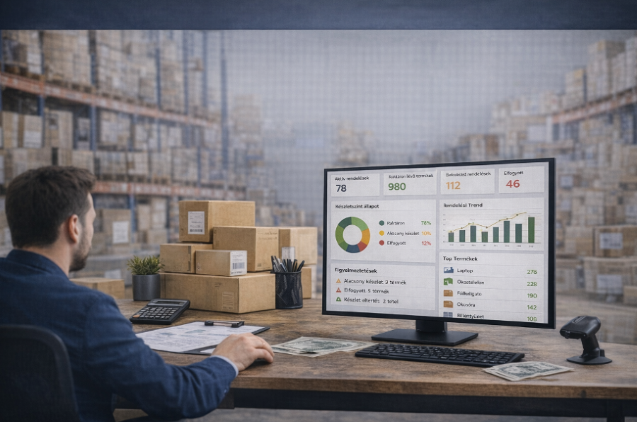 Egy logisztikai irányítópult (dashboard) fontos napi statisztikákkal és KPI mutatókkal.