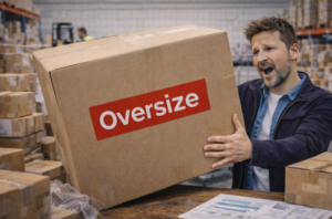 Egy nagyméretű, szabványon kívüli (oversize) csomag mérése és kezelése a raktárban.