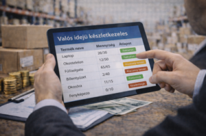 Tablet kijelzőjén megjelenő valós idejű készletadatok, amelyek szinkronban vannak a webshoppal.
